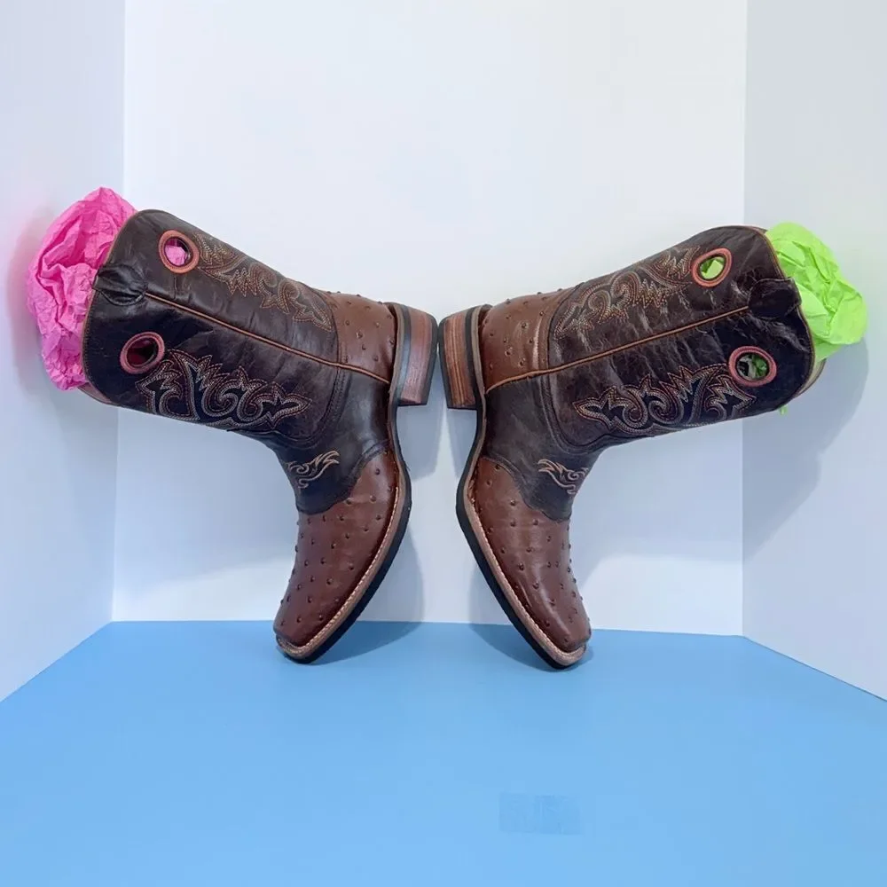 JNV Western Wear Men’s Leather Square Toe Ostrich Print Rodeo Boots Size 11